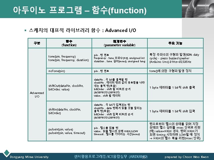 아두이노 프로그램 – 함수(function) LOGO § 스케치의 대표적 라이브러리 함수 : Advanced I/O 함수