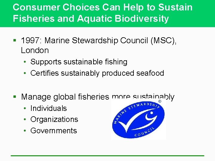 Consumer Choices Can Help to Sustain Fisheries and Aquatic Biodiversity § 1997: Marine Stewardship