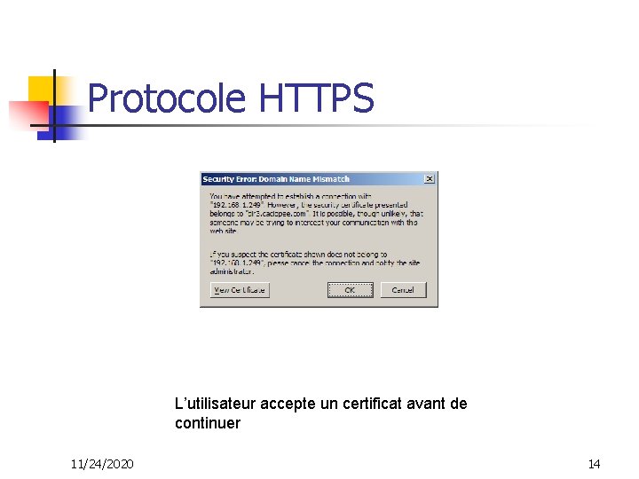 Protocole HTTPS L’utilisateur accepte un certificat avant de continuer 11/24/2020 14 