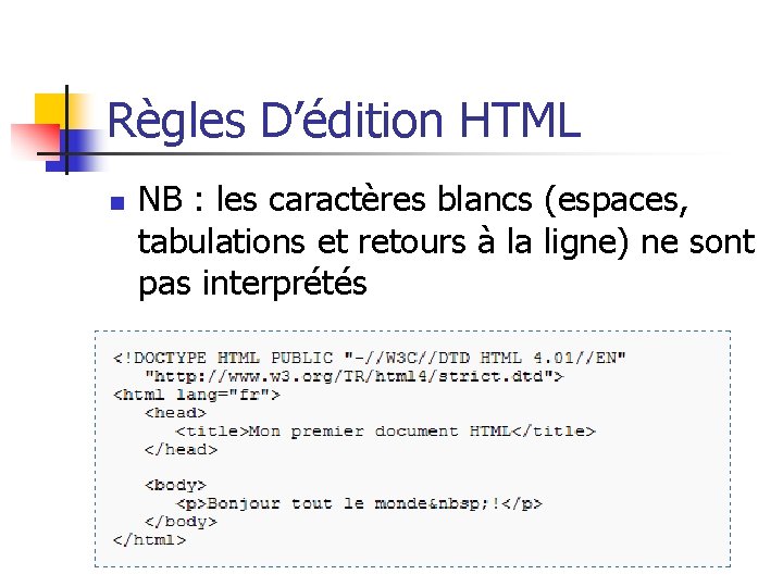 Règles D’édition HTML n NB : les caractères blancs (espaces, tabulations et retours à