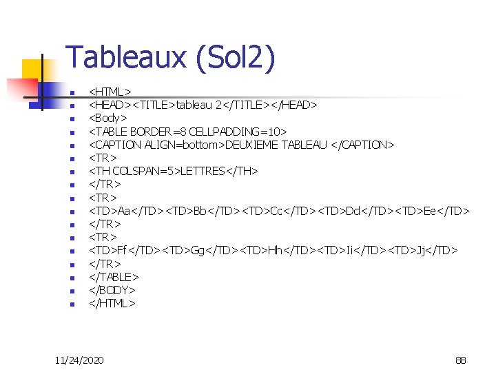 Tableaux (Sol 2) n n n n n <HTML> <HEAD><TITLE>tableau 2</TITLE></HEAD> <Body> <TABLE BORDER=8