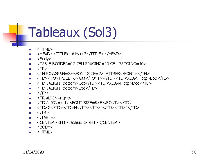 Tableaux (Sol 3) n n n n n <HTML> <HEAD><TITLE>tableau 3</TITLE></HEAD> <Body> <TABLE BORDER=12