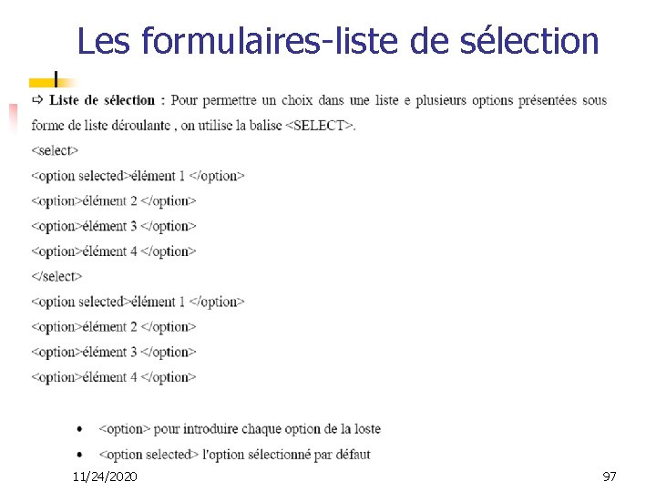 Les formulaires-liste de sélection 11/24/2020 97 