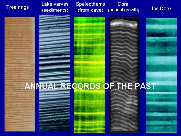 Tree rings Lake varves (sediments) Speleothems Coral (from cave) (annual growth) Ice Core ANNUAL