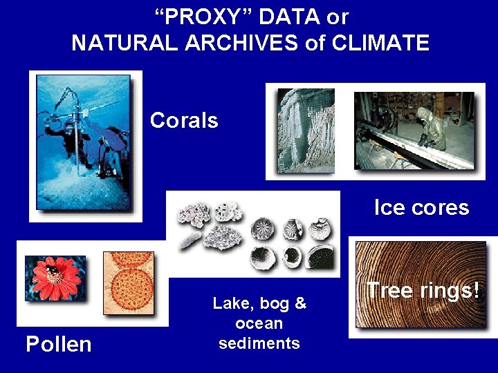 “PROXY” DATA or NATURAL ARCHIVES of CLIMATE Corals Ice cores Pollen Lake, bog &