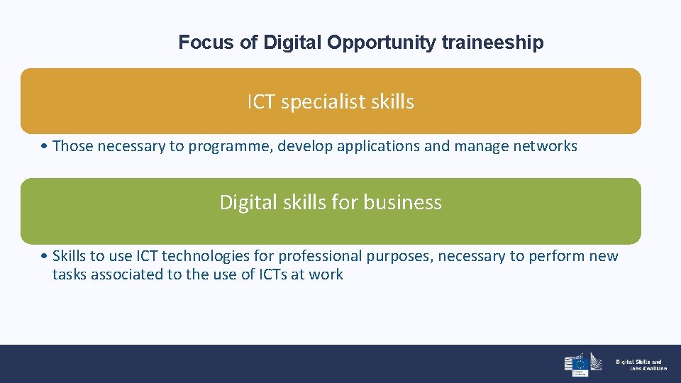 Focus of Digital Opportunity traineeship ICT specialist skills • Those necessary to programme, develop