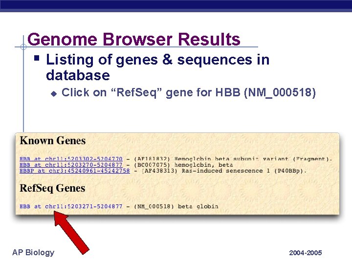 Genome Browser Results § Listing of genes & sequences in database u AP Biology