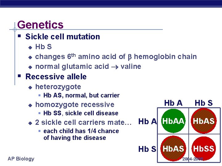 Genetics § Sickle cell mutation u u u Hb S changes 6 th amino