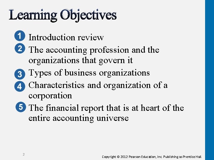 Learning Objectives Introduction review The accounting profession and the organizations that govern it Types