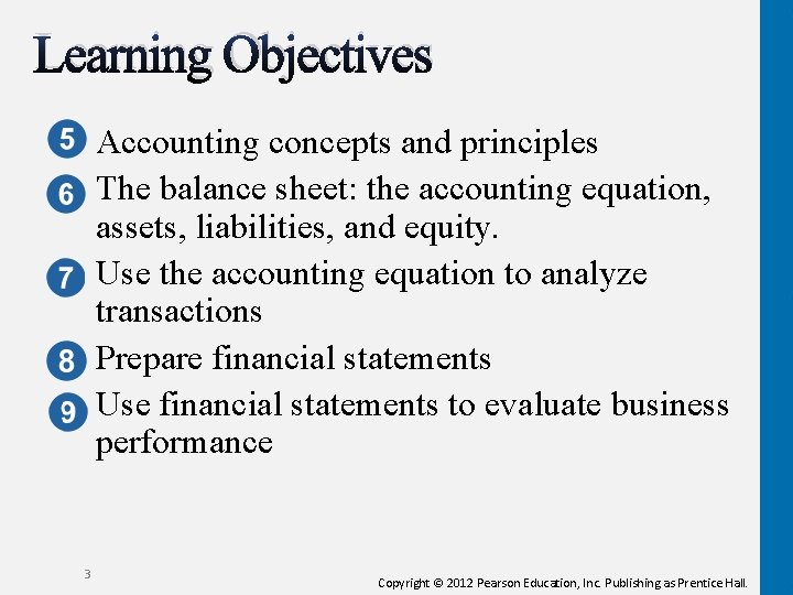 Learning Objectives Accounting concepts and principles The balance sheet: the accounting equation, assets, liabilities,