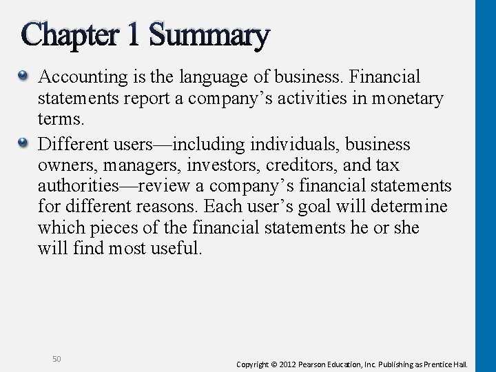Chapter 1 Summary Accounting is the language of business. Financial statements report a company’s