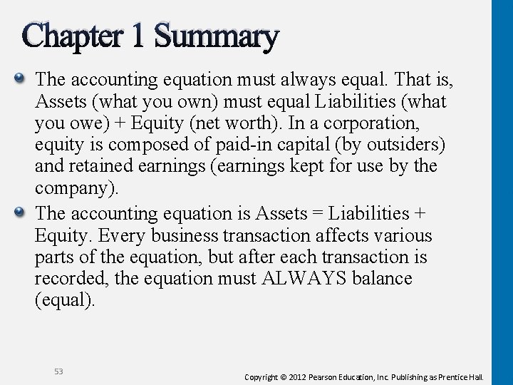 Chapter 1 Summary The accounting equation must always equal. That is, Assets (what you