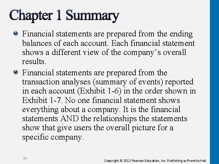 Chapter 1 Summary Financial statements are prepared from the ending balances of each account.