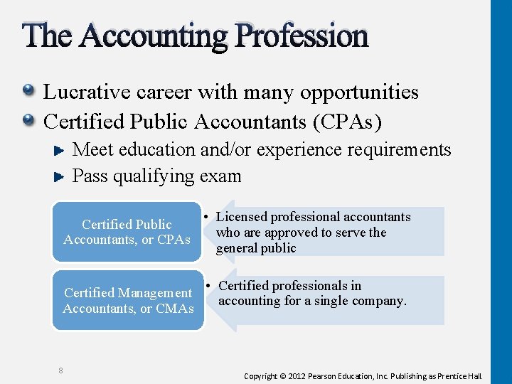 The Accounting Profession Lucrative career with many opportunities Certified Public Accountants (CPAs) Meet education