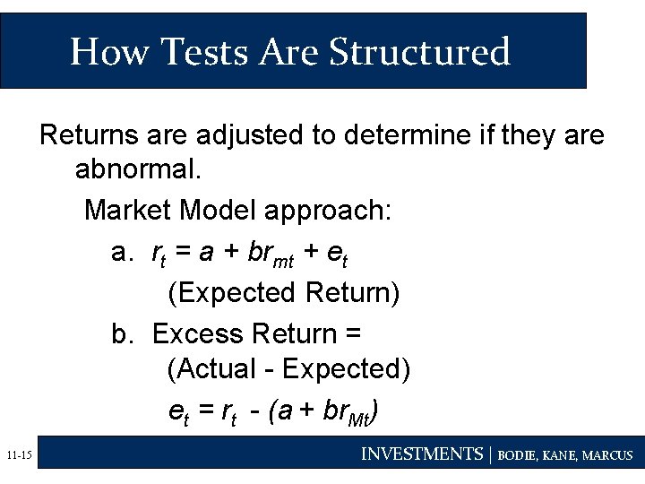 How Tests Are Structured Returns are adjusted to determine if they are abnormal. Market