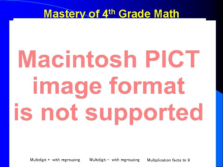 Mastery of 4 th Grade Math Multidigit + with regrouping Multidigit - with regrouping