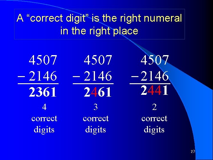 A “correct digit” is the right numeral in the right place 4507 2146 2361