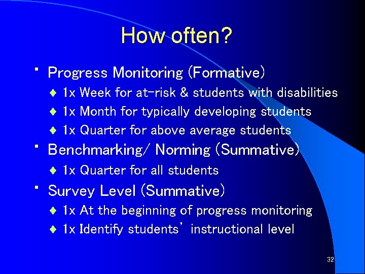 How often? • • • Progress Monitoring (Formative) ¨ 1 x Week for at-risk