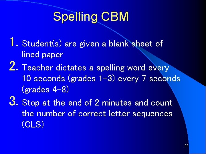 Spelling CBM 1. Student(s) are given a blank sheet of 2. 3. lined paper