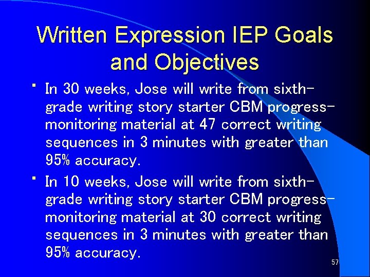 Written Expression IEP Goals and Objectives • • In 30 weeks, Jose will write