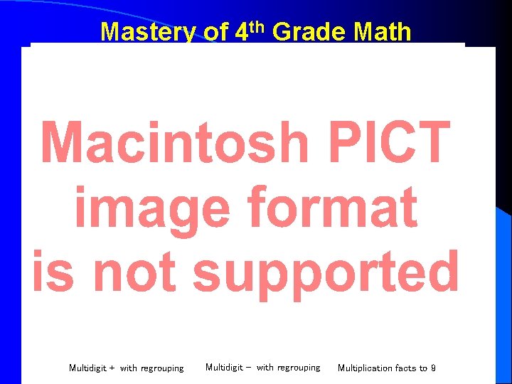 Mastery of 4 th Grade Math Multidigit + with regrouping Multidigit - with regrouping