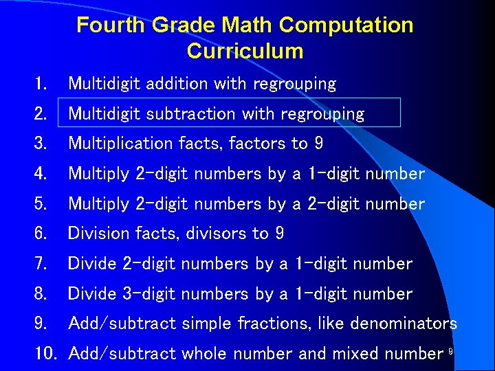 Fourth Grade Math Computation Curriculum 1. Multidigit addition with regrouping 2. Multidigit subtraction with