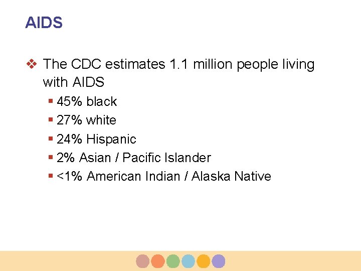 AIDS v The CDC estimates 1. 1 million people living with AIDS § 45%