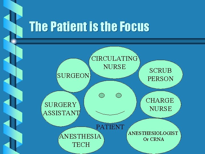 The Patient is the Focus CIRCULATING NURSE SURGEON SURGERY ASSISTANT PATIENT ANESTHESIA TECH SCRUB