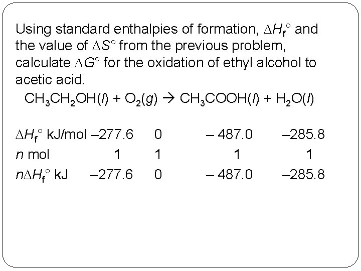 Using standard enthalpies of formation, DHf° and the value of DS° from the previous