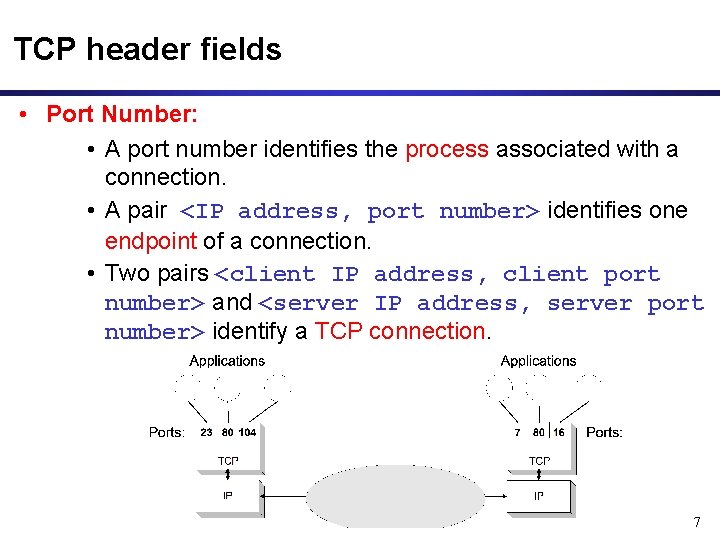 TCP header fields • Port Number: • A port number identifies the process associated