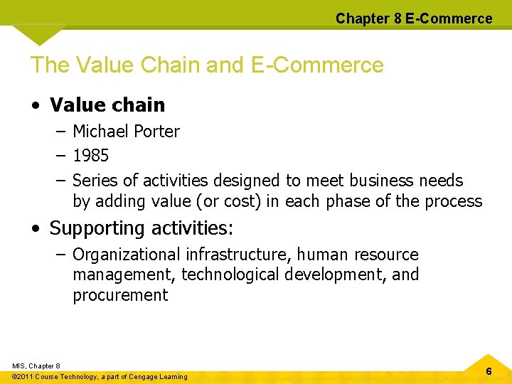 Chapter 8 E-Commerce The Value Chain and E-Commerce • Value chain – Michael Porter