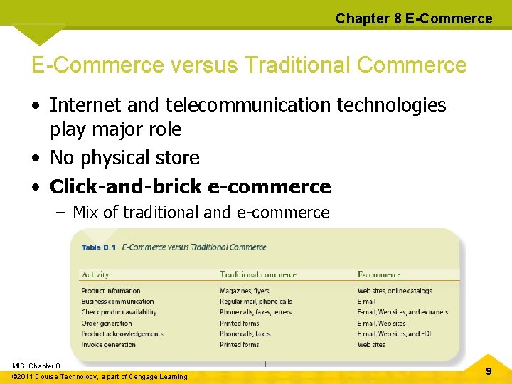 Chapter 8 E-Commerce versus Traditional Commerce • Internet and telecommunication technologies play major role