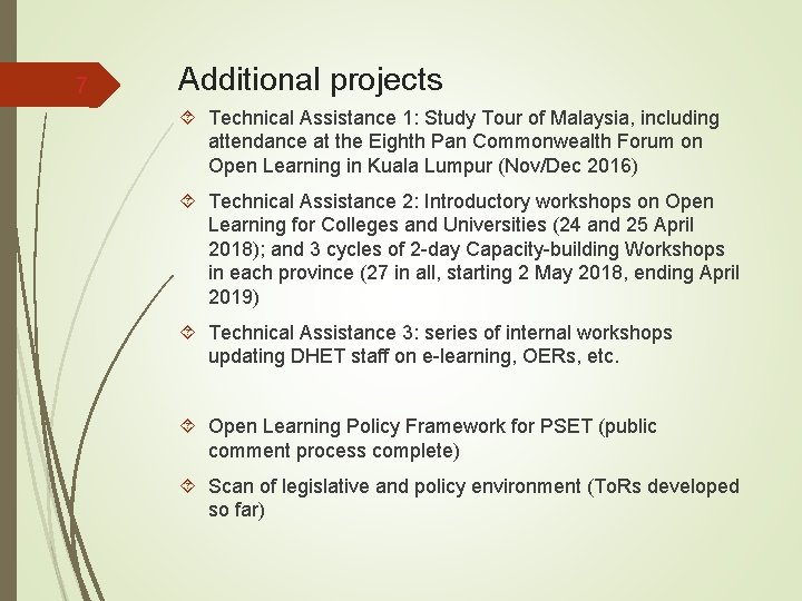 7 Additional projects Technical Assistance 1: Study Tour of Malaysia, including attendance at the