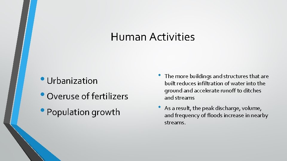 Human Activities • Urbanization • Overuse of fertilizers • Population growth • The more