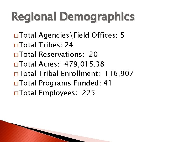 Regional Demographics � Total � Total AgenciesField Offices: 5 Tribes: 24 Reservations: 20 Acres: