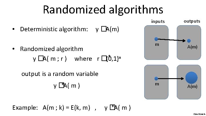 Randomized algorithms inputs outputs • Deterministic algorithm: y � A(m) • Randomized algorithm R