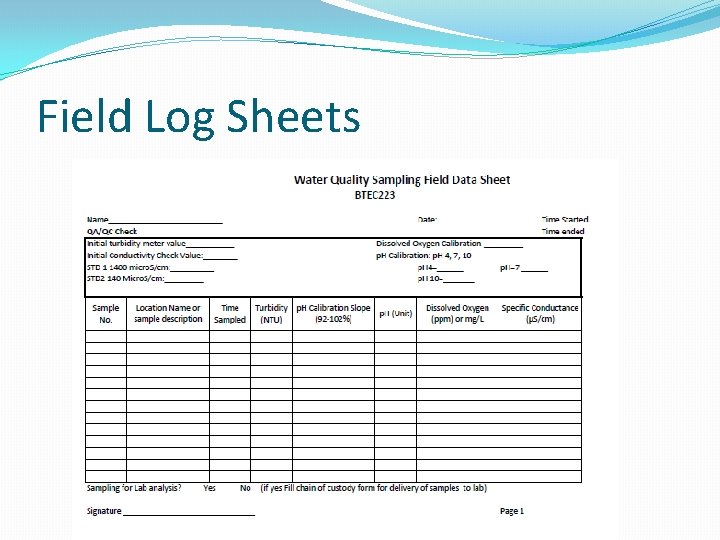 Field Log Sheets Field Log Sheets
