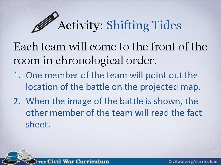 Activity: Shifting Tides Each team will come to the front of the room in