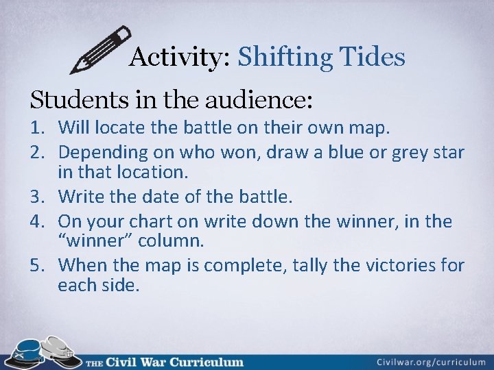 Activity: Shifting Tides Students in the audience: 1. Will locate the battle on their