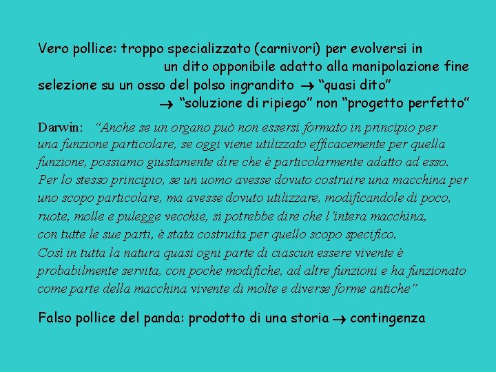 Vero pollice: troppo specializzato (carnivori) per evolversi in un dito opponibile adatto alla manipolazione