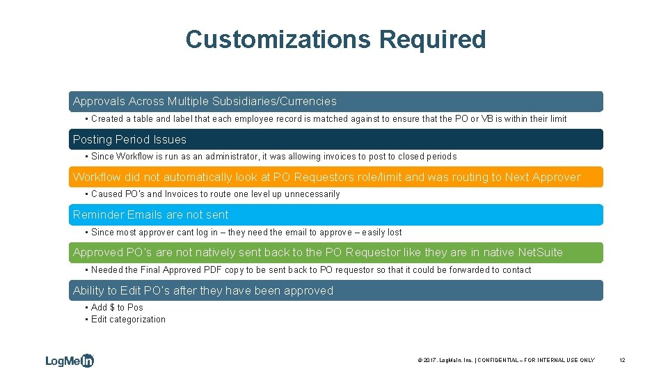 Customizations Required Approvals Across Multiple Subsidiaries/Currencies • Created a table and label that each