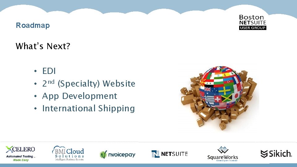 Roadmap What’s Next? • • EDI 2 nd (Specialty) Website App Development International Shipping