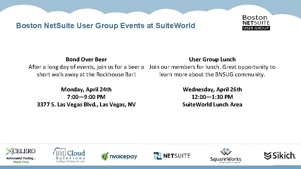 Boston Net. Suite User Group Events at Suite. World Bond Over Beer User Group