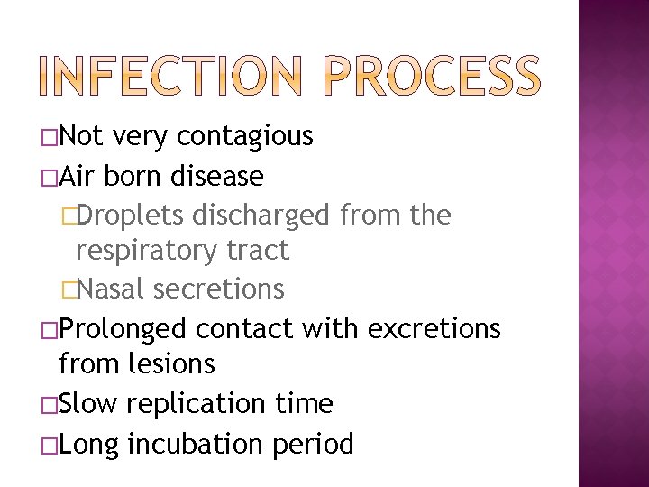 �Not very contagious �Air born disease �Droplets discharged from the respiratory tract �Nasal secretions