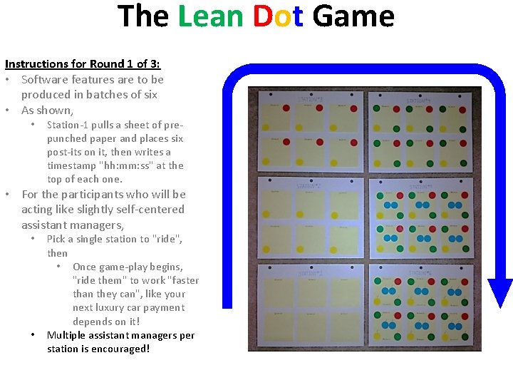 The Lean Dot Game Instructions for Round 1 of 3: • Software features are