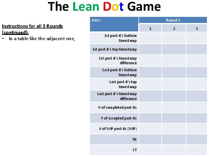 The Lean Dot Game Date: Instructions for all 3 Rounds (continued): • In a