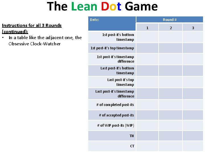 The Lean Dot Game Date: Instructions for all 3 Rounds (continued): • In a