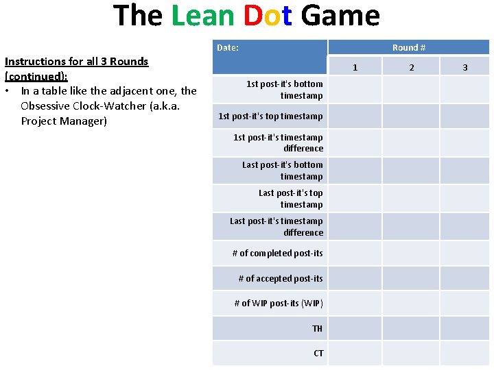 The Lean Dot Game Date: Instructions for all 3 Rounds (continued): • In a