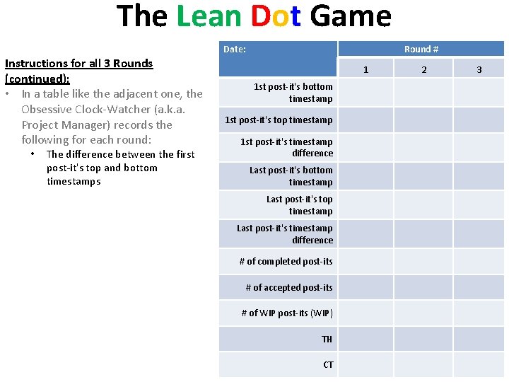 The Lean Dot Game Date: Instructions for all 3 Rounds (continued): • In a