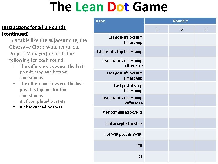 The Lean Dot Game Date: Instructions for all 3 Rounds (continued): • In a